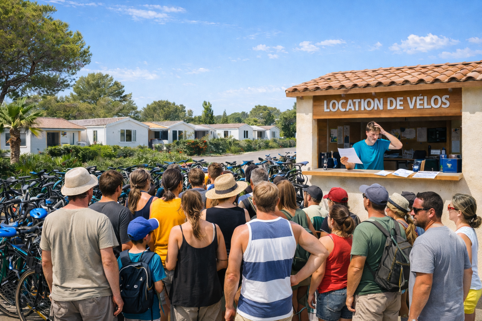 Loueur de vélos débordé avec file d'attente